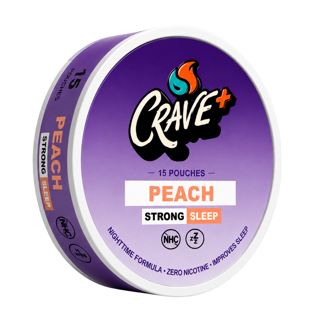 Crave Sleep Pouch in Peach flavor - tin of 15 zero nicotine nighttime pouches by Novu