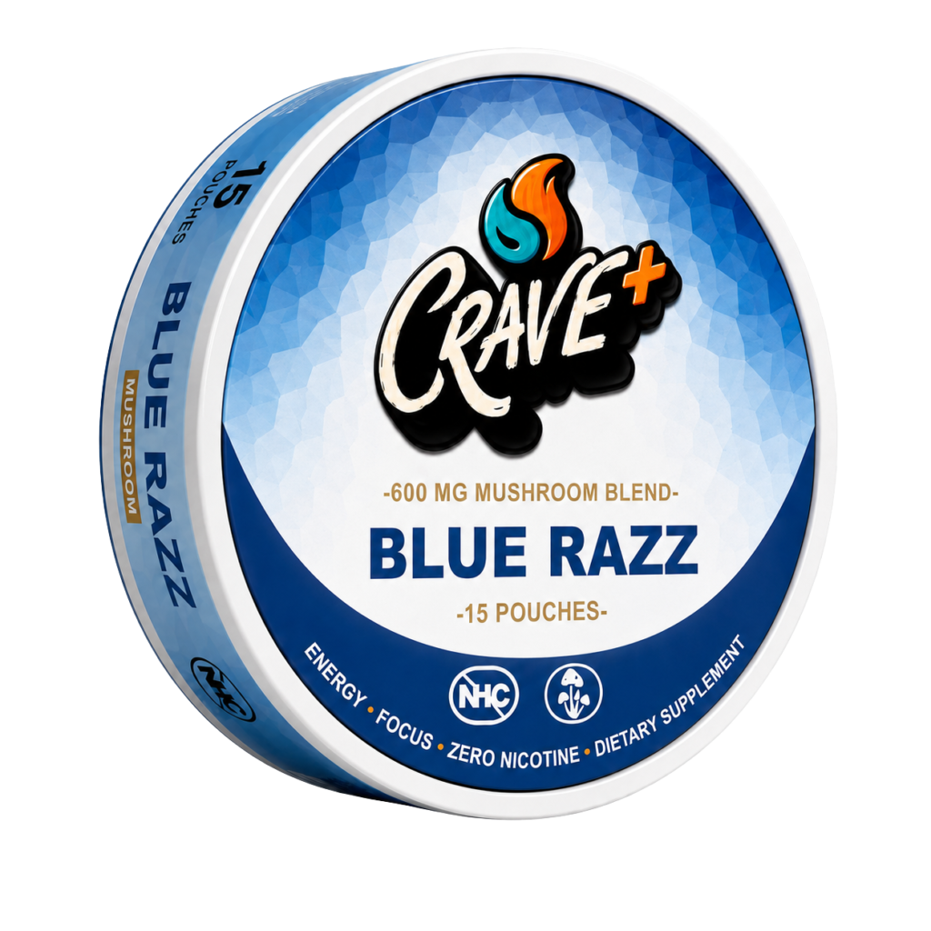 Crave Mushroom Pouch in Blue Razz flavor - tin of 15 zero nicotine pouches with a 600 mg mushroom blend by Novu