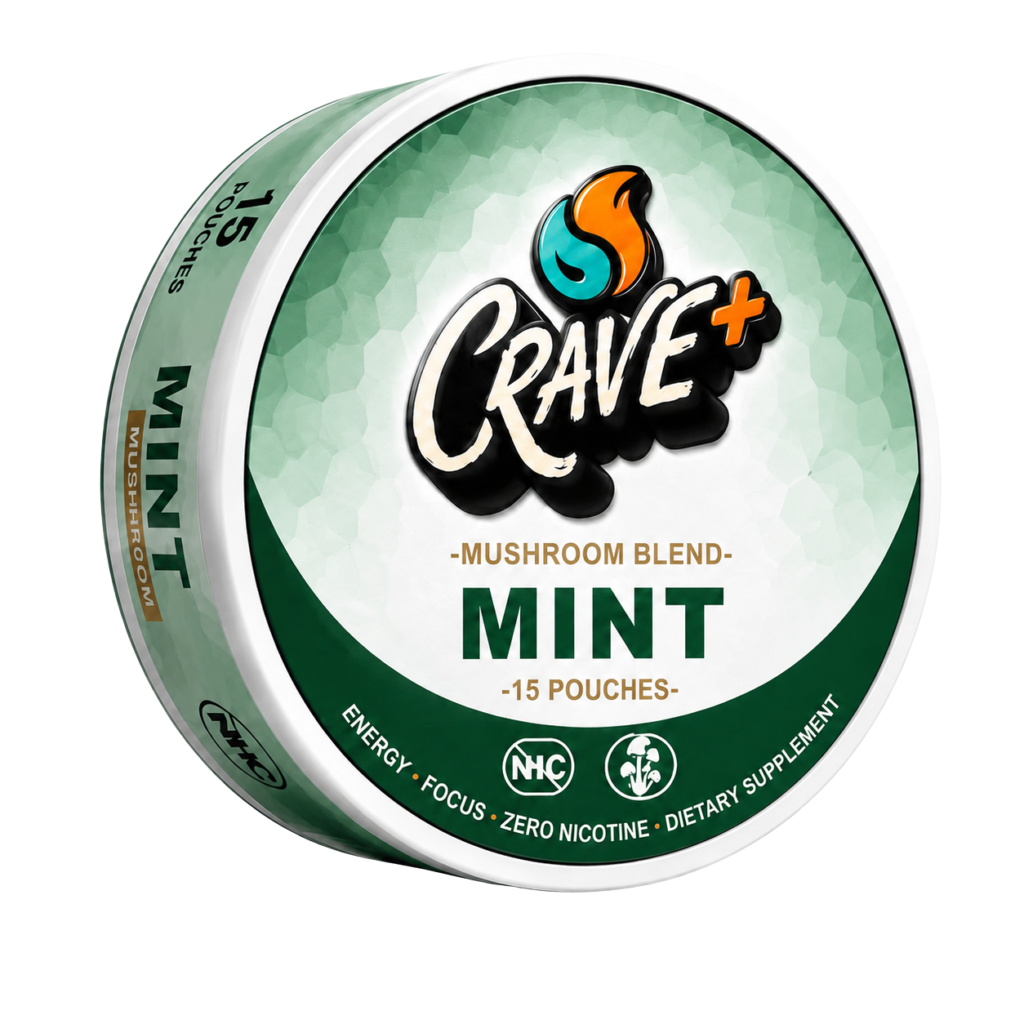 Crave Mushroom Pouch in Cool Mint flavor - tin of 15 zero nicotine pouches with a 600 mg mushroom blend by Novu