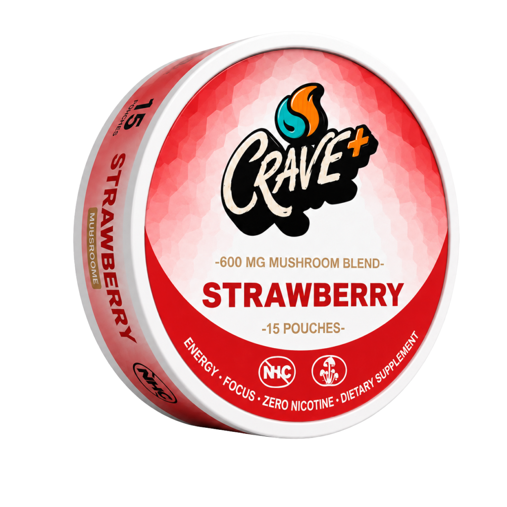 Crave Mushroom Pouch in Strawberry flavor - tin of 15 zero nicotine pouches with a 600 mg mushroom blend by Novu