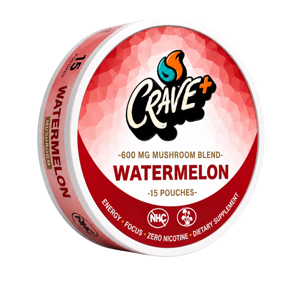 Crave Mushroom Pouch in Watermelon flavor - tin of 15 zero nicotine pouches with a 600 mg mushroom blend by Novu