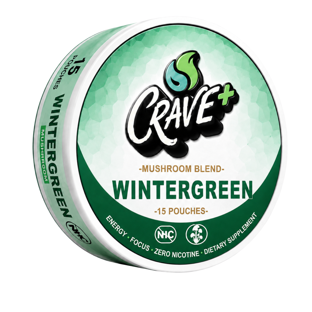 Crave Mushroom Pouch in Wintergreen flavor - tin of 15 zero nicotine pouches with a 600 mg mushroom blend by Novu