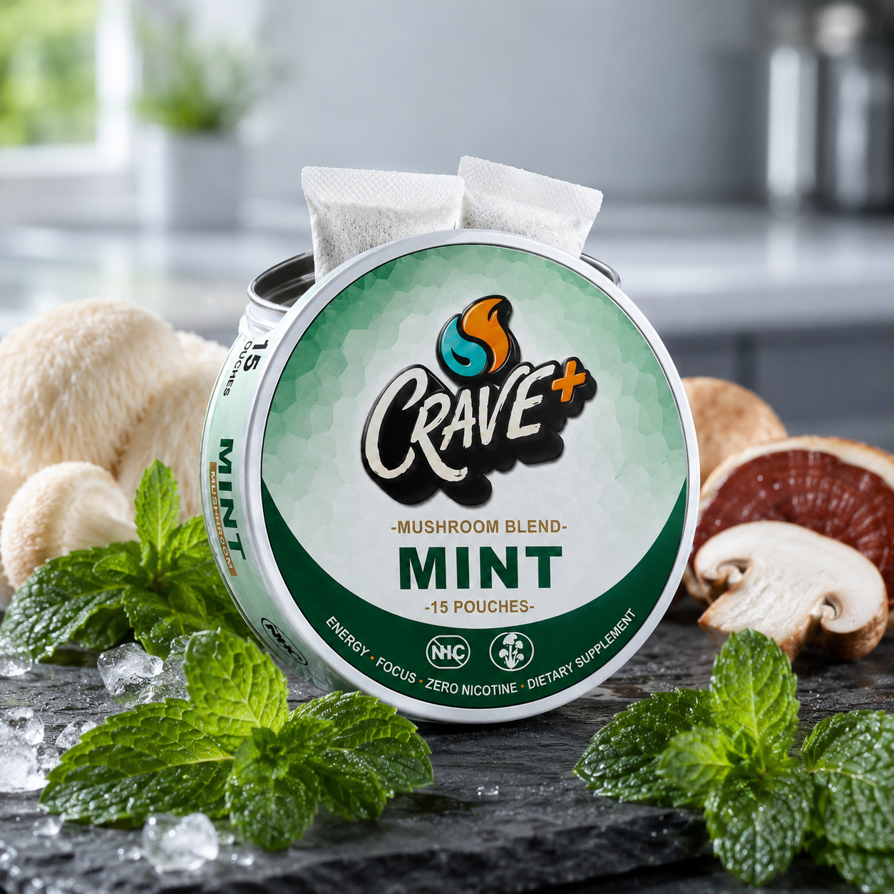 CRAVE Mushroom Pouches (Cool Mint): 600mg Zero-Nicotine Adaptogen Blend